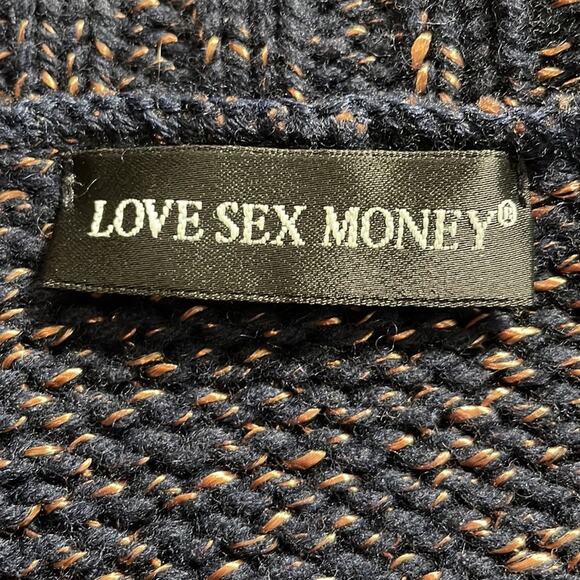 Love Sex Money Brand Navy Taupe Turtleneck Italian Knit Fringe Sweater Size L - Picture 7 of 9